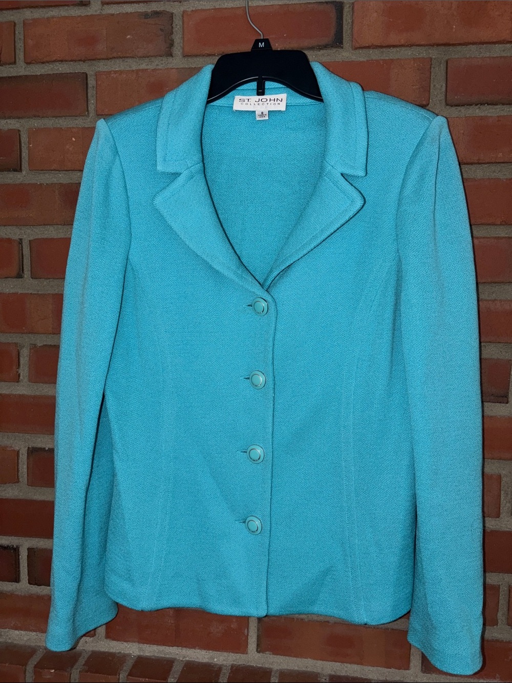 St. John torqouise collared Santana Knit Blazer with silver logo-Tone Buttons 8u